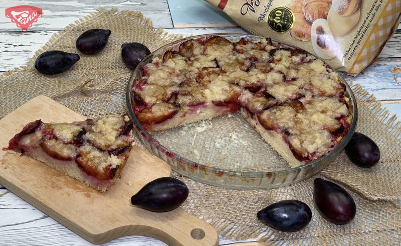 Gluten-free sourdough plum cake with crumble