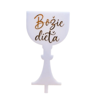 Weißer Kelch mit eingraviertem Motiv und der Aufschrift „Kind Gottes“ Weißer Kelch mit eingraviertem Motiv und der Aufschrift „Kind Gottes“